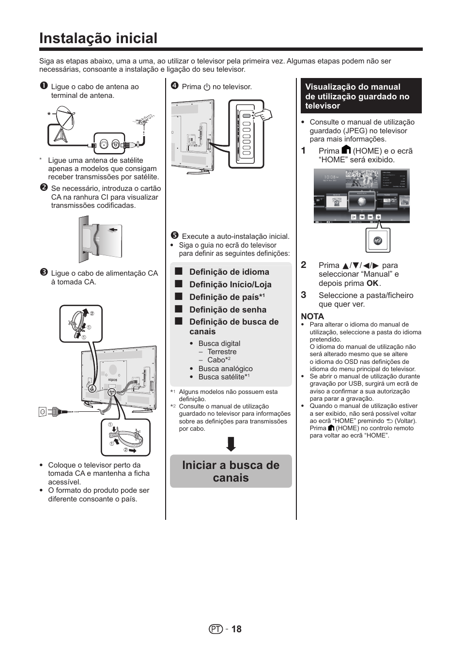 Instalação inicial, Iniciar a busca de canais | Sharp LC-70UHD80R User Manual | Page 18 / 60