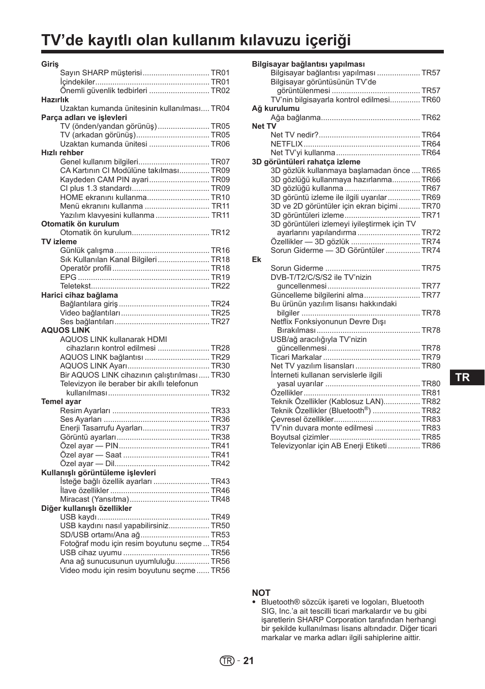 Tv’de kayıtlı olan kullanım kılavuzu içeriği | Sharp LC-70UHD80R User Manual | Page 21 / 60