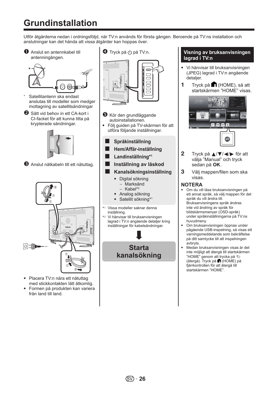 Grundinstallation, Starta kanalsökning | Sharp LC-70UHD80R User Manual | Page 26 / 60