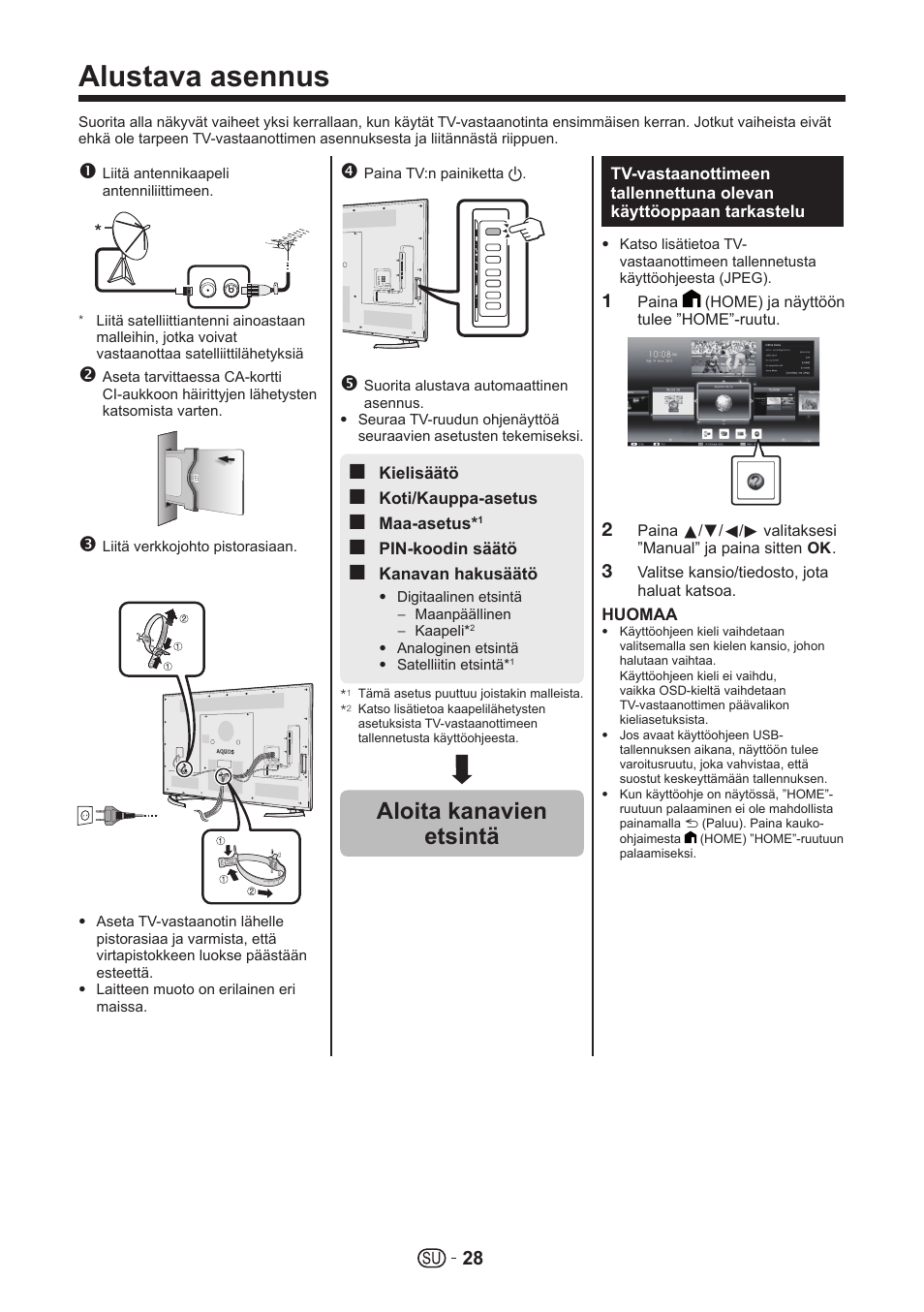 Alustava asennus, Aloita kanavien etsintä | Sharp LC-70UHD80R User Manual | Page 28 / 60
