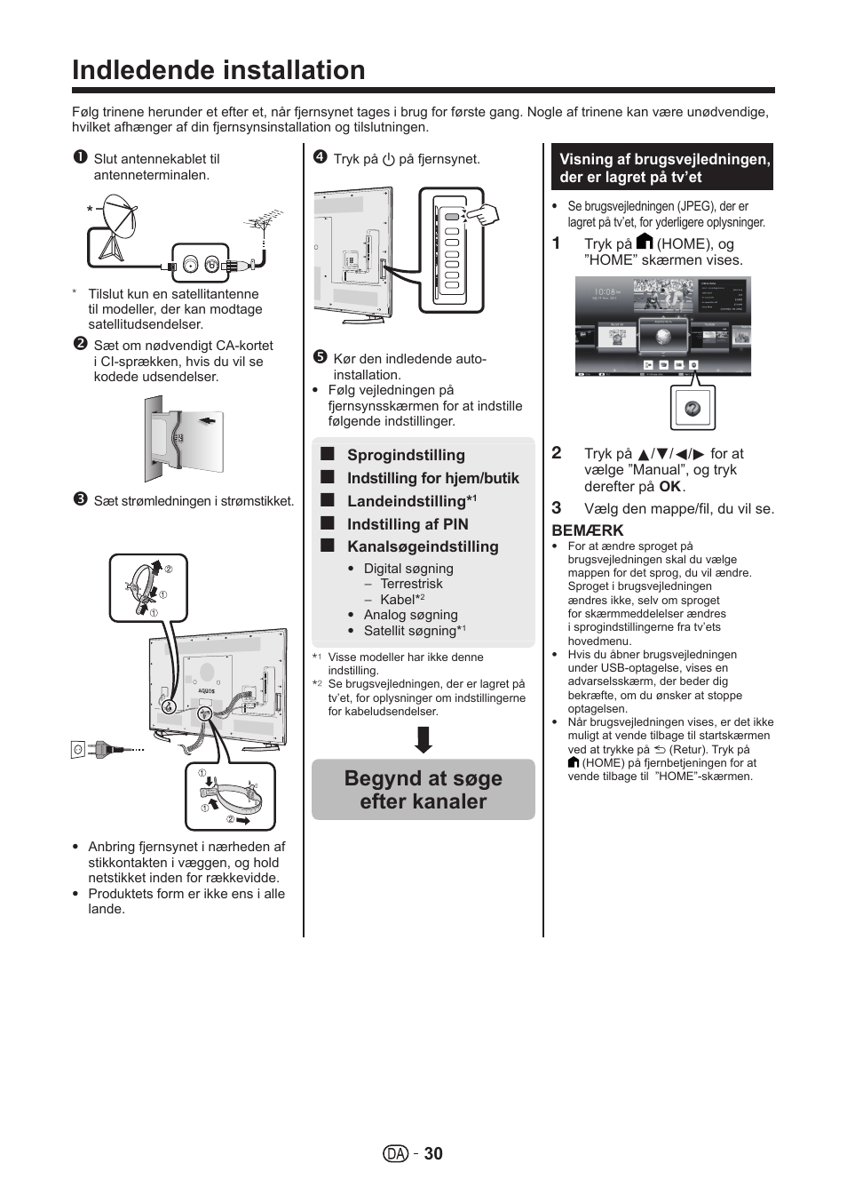 Indledende installation, Begynd at søge efter kanaler | Sharp LC-70UHD80R User Manual | Page 30 / 60