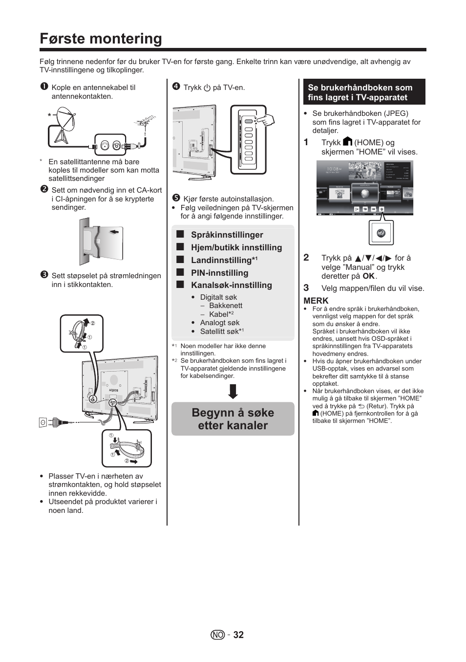 Første montering, Begynn å søke etter kanaler | Sharp LC-70UHD80R User Manual | Page 32 / 60