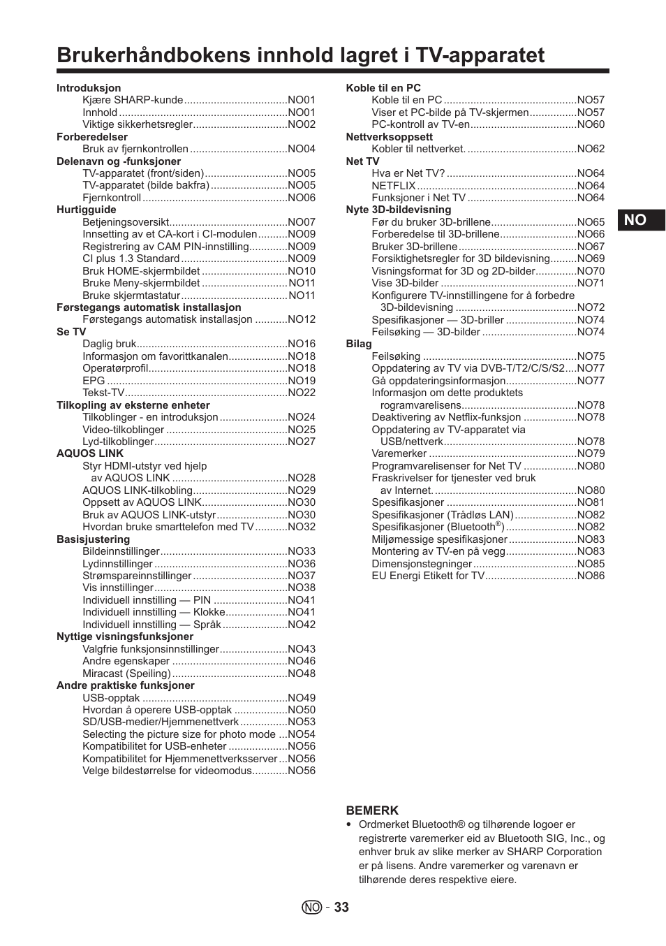 Brukerhåndbokens innhold lagret i tv-apparatet | Sharp LC-70UHD80R User Manual | Page 33 / 60