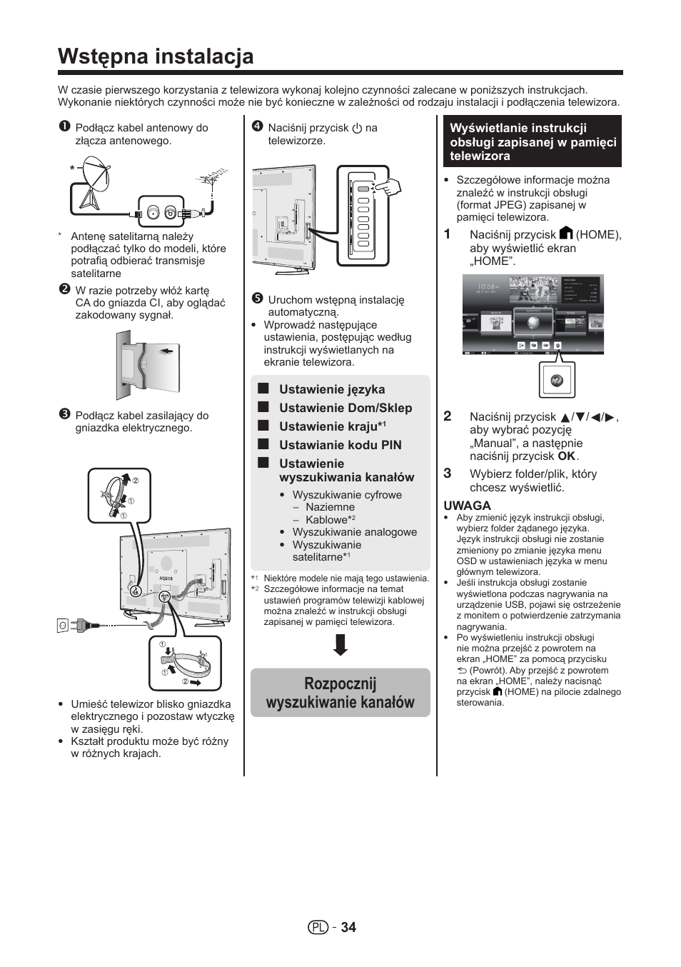 Wstępna instalacja, Rozpocznij wyszukiwanie kanałów | Sharp LC-70UHD80R User Manual | Page 34 / 60