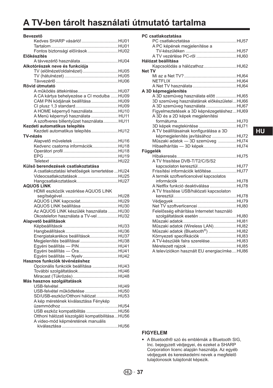 A tv-ben tárolt használati útmutató tartalma | Sharp LC-70UHD80R User Manual | Page 37 / 60