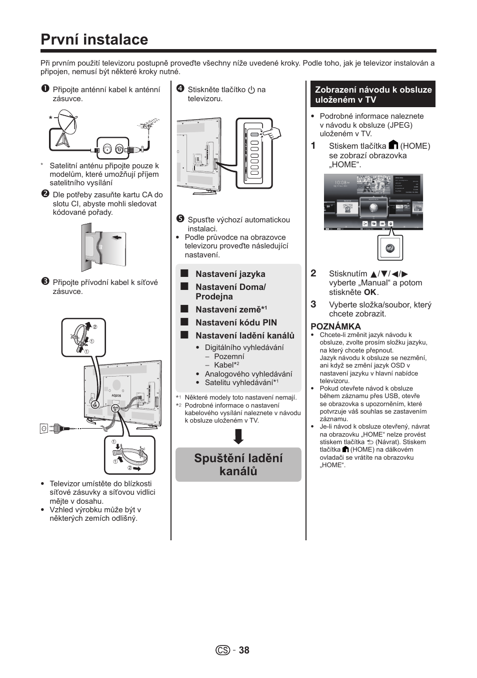 První instalace, Spuštění ladění kanálů | Sharp LC-70UHD80R User Manual | Page 38 / 60