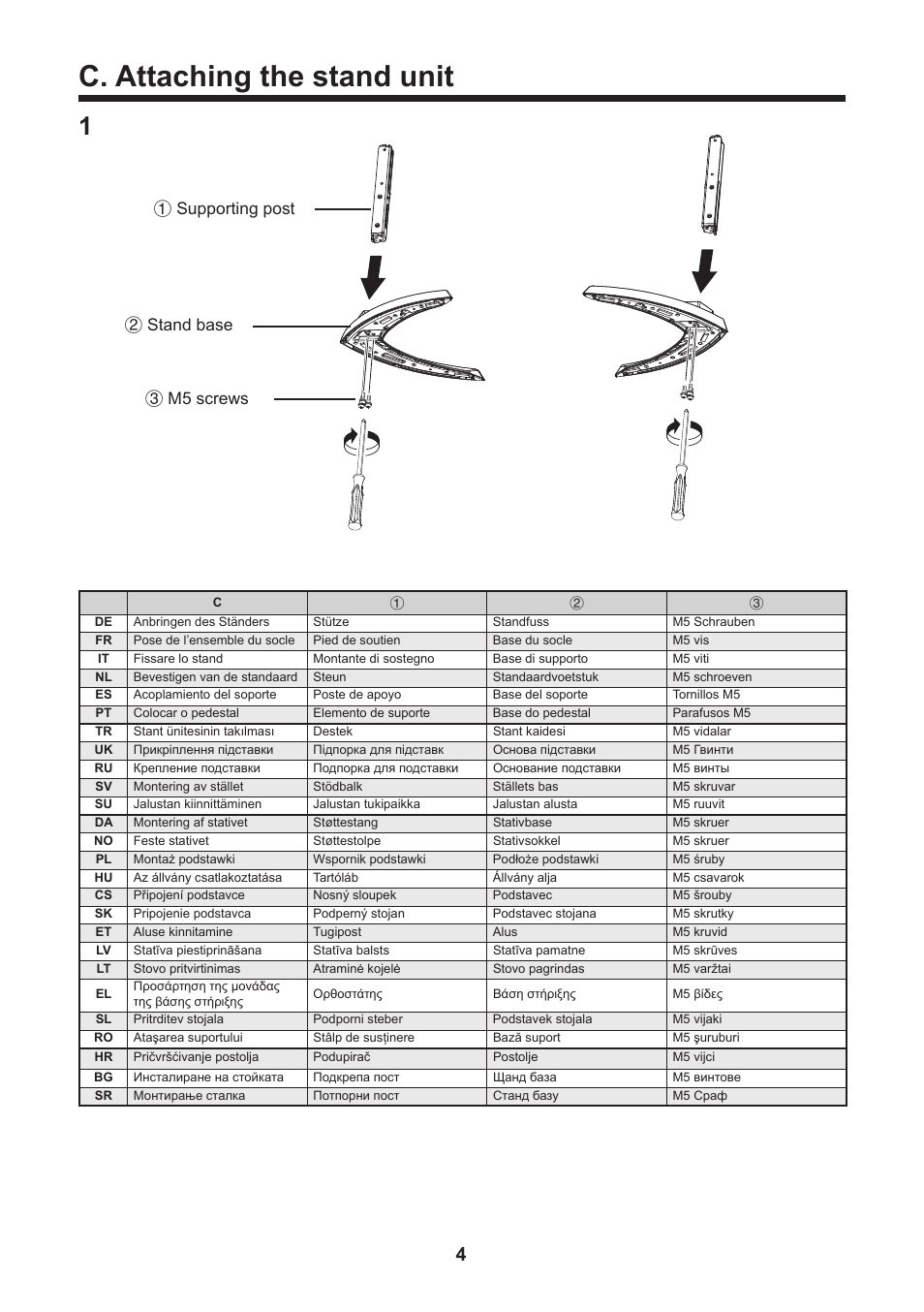 C. attaching the stand unit, Stand base, M5 screws | Supporting post | Sharp LC-70UHD80R User Manual | Page 4 / 60