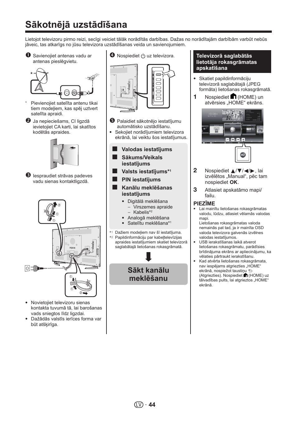 Sākotnējā uzstādīšana, Sākt kanālu meklēšanu | Sharp LC-70UHD80R User Manual | Page 44 / 60
