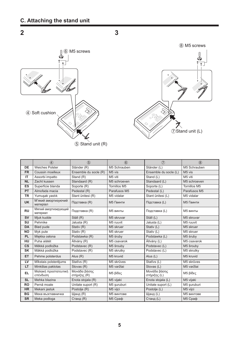 C. attaching the stand unit, Screws, Stand unit (l) | Stand unit (r), Soft cushion | Sharp LC-70UHD80R User Manual | Page 5 / 60