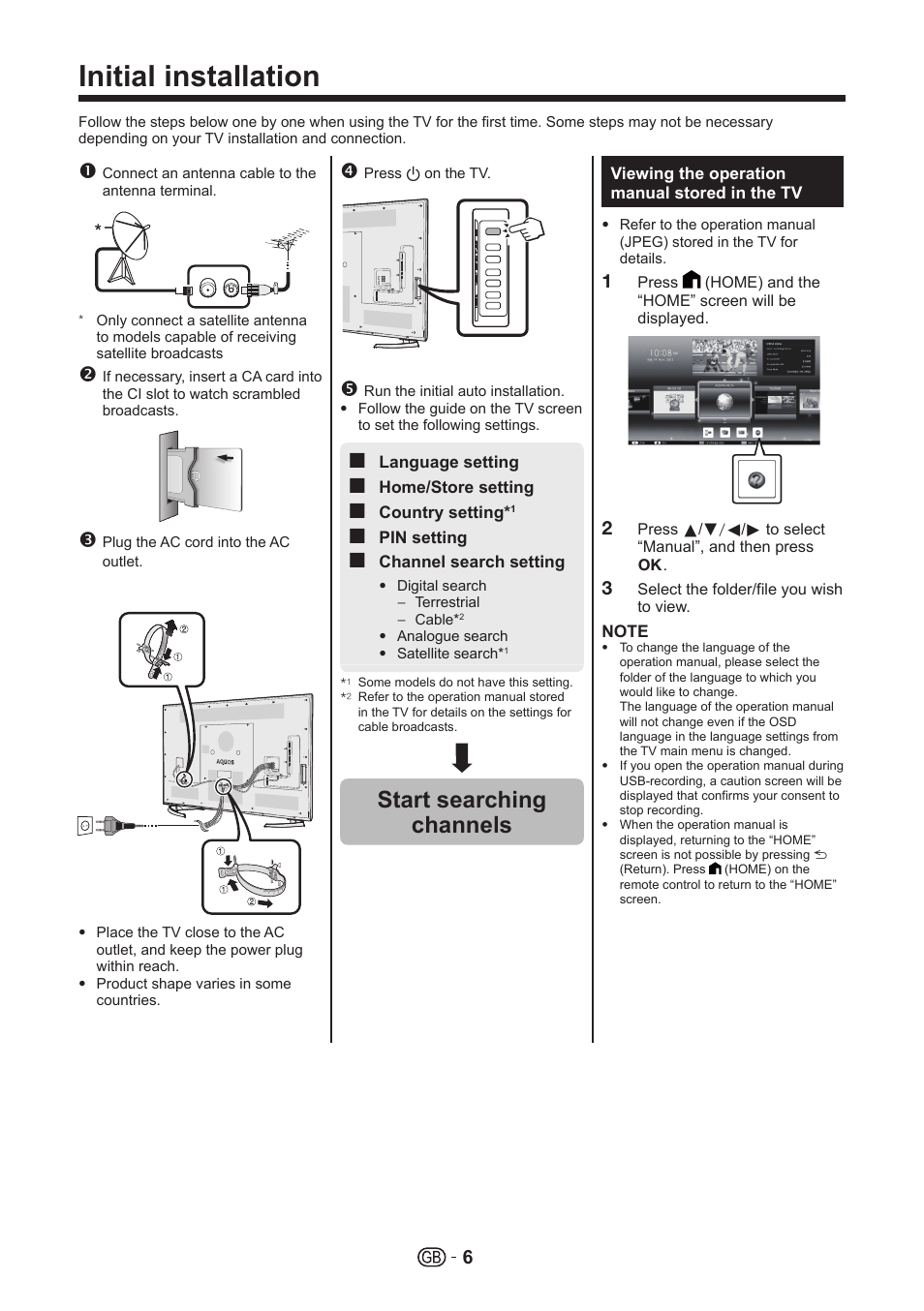 Initial installation, Start searching channels | Sharp LC-70UHD80R User Manual | Page 6 / 60