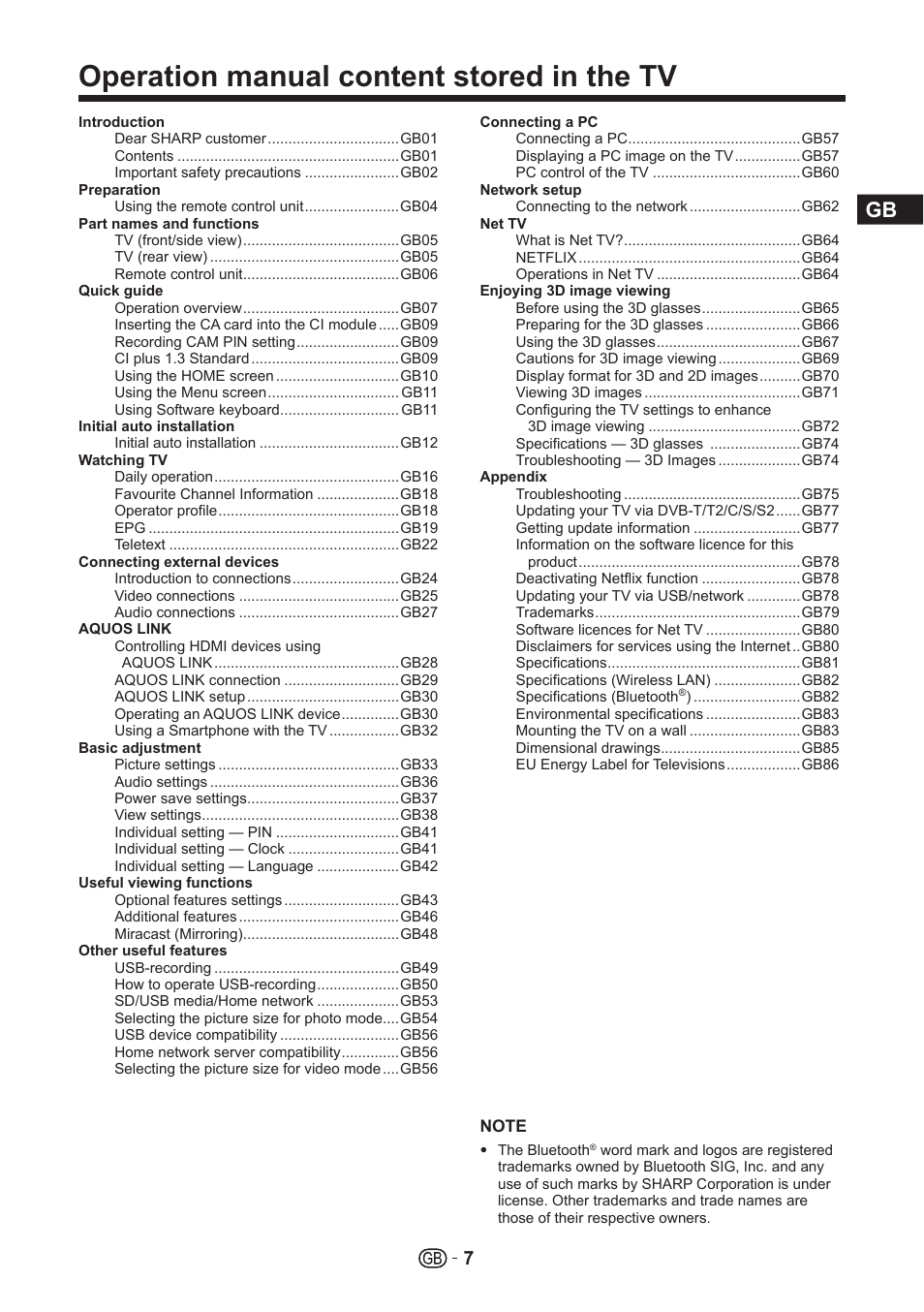 Operation manual content stored in the tv | Sharp LC-70UHD80R User Manual | Page 7 / 60