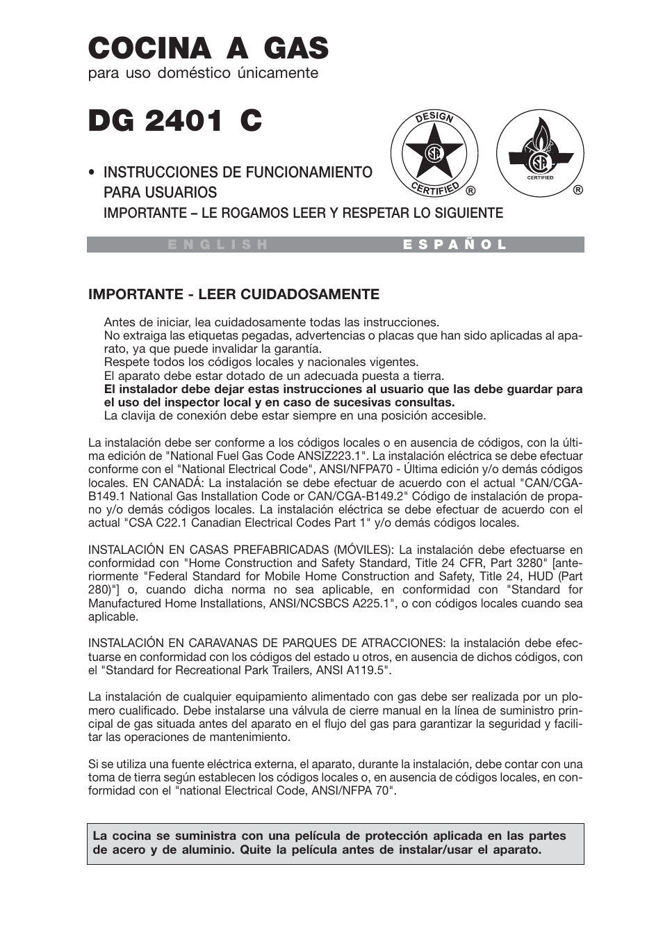 Cocina a gas, Dg 2401 c | Avanti DG 2401 C User Manual | Page 21 / 40