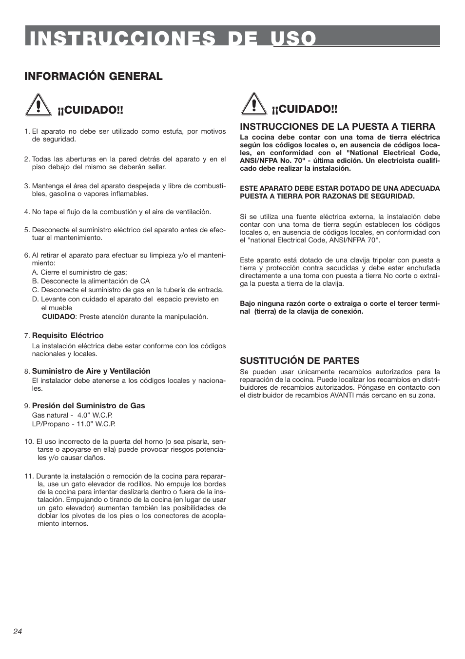 Instrucciones de uso, Información general ¡¡cuidado, Cuidado | Avanti DG 2401 C User Manual | Page 24 / 40