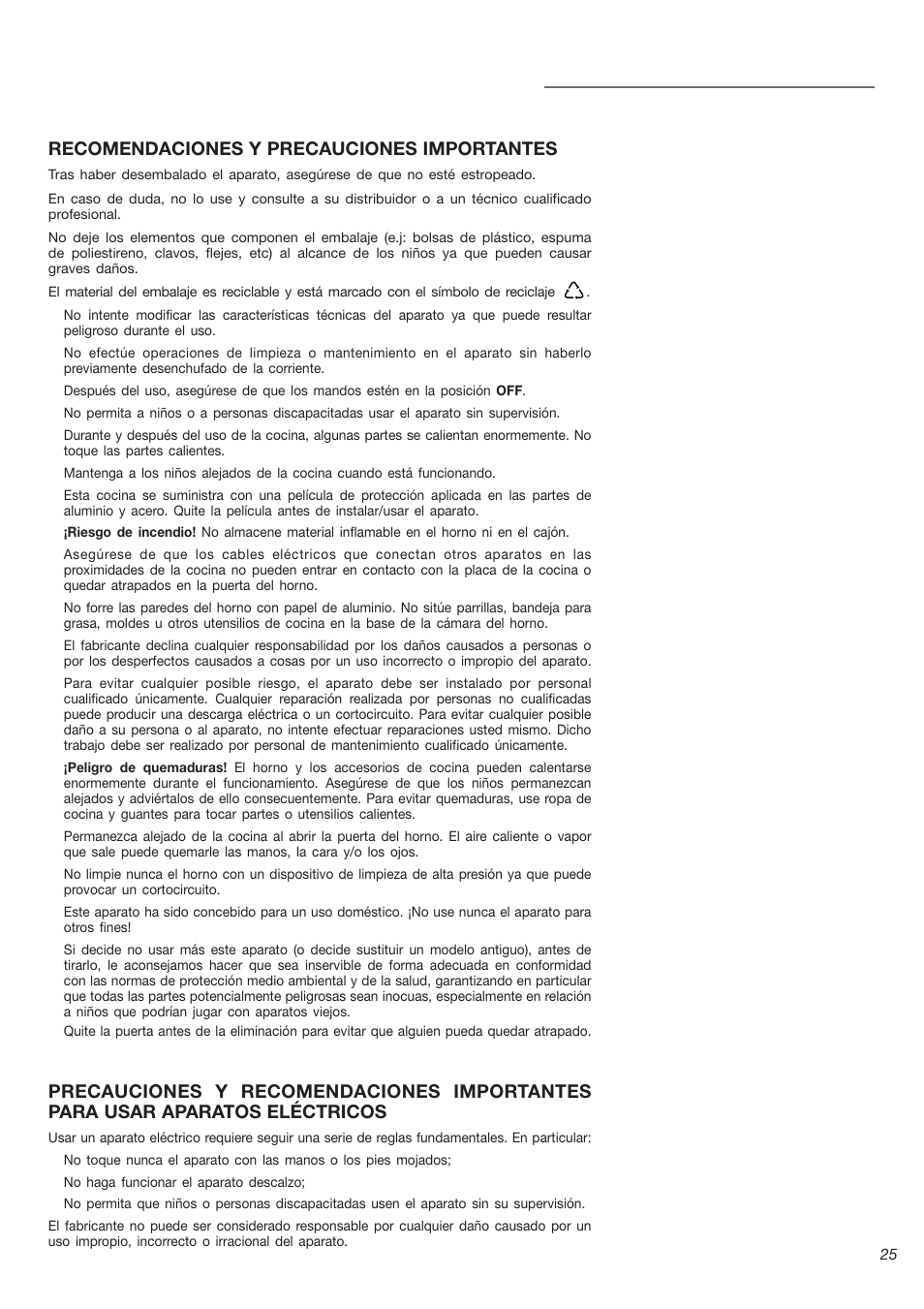 Recomendaciones y precauciones importantes | Avanti DG 2401 C User Manual | Page 25 / 40