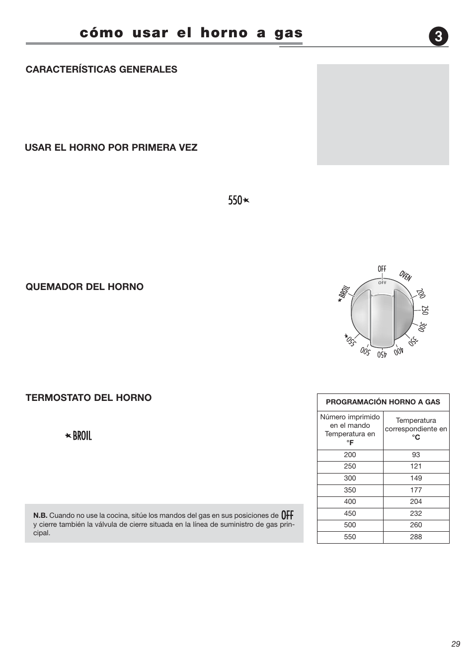 Cómo usar el horno a gas, Usar el horno por primera vez, Quemador del horno | Características generales, Termostato del horno | Avanti DG 2401 C User Manual | Page 29 / 40