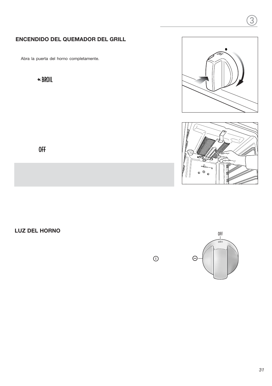 Encendido del quemador del grill, Luz del horno | Avanti DG 2401 C User Manual | Page 31 / 40