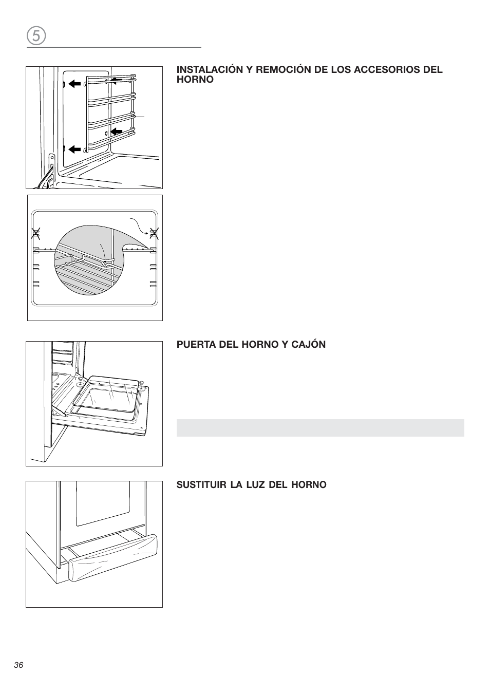 Instalación y remoción de los accesorios del horno, Puerta del horno y cajón, Sustituir la luz del horno | Avanti DG 2401 C User Manual | Page 36 / 40
