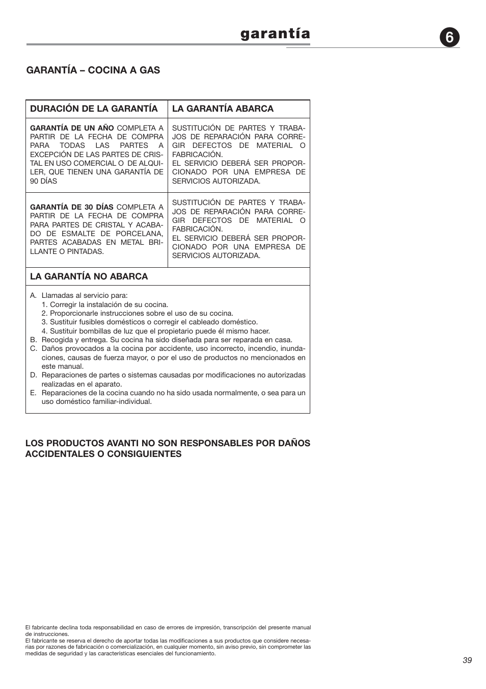 Garantía | Avanti DG 2401 C User Manual | Page 39 / 40