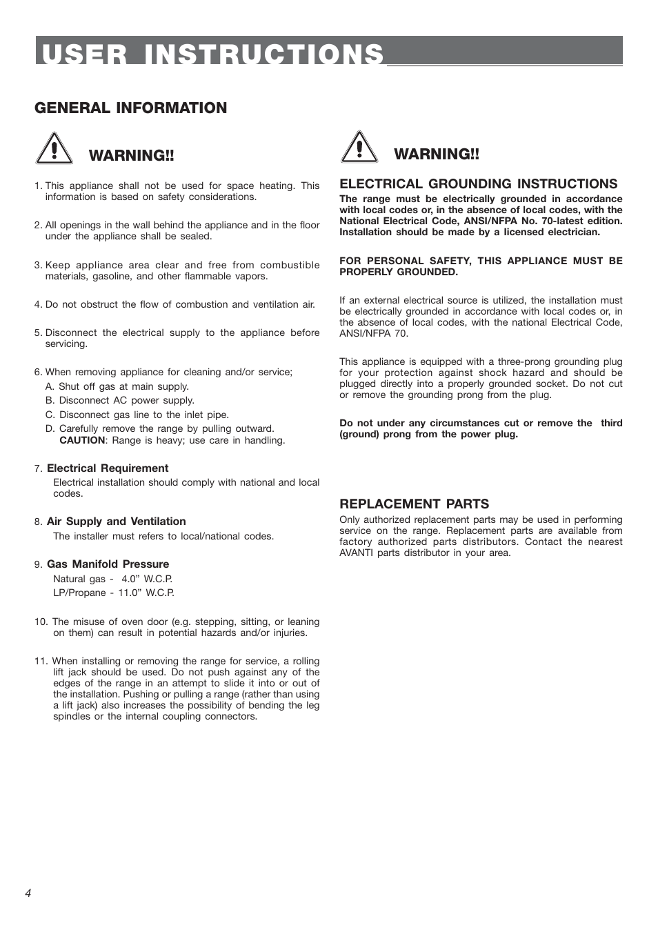 User instructions, General information warning, Warning | Avanti DG 2401 C User Manual | Page 4 / 40