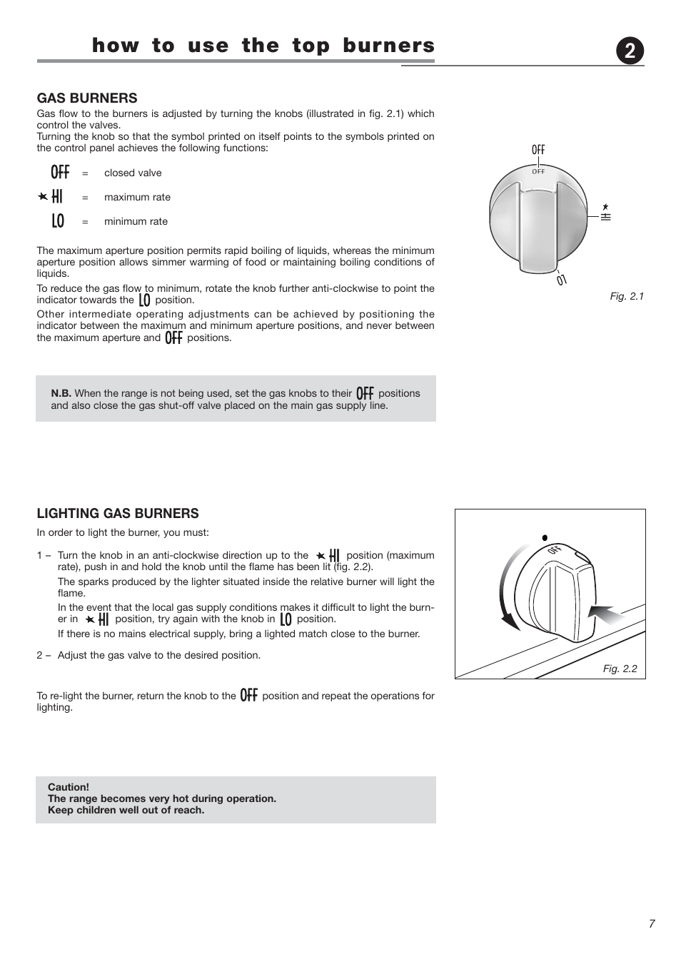 How to use the top burners, Lighting gas burners, Gas burners | Avanti DG 2401 C User Manual | Page 7 / 40