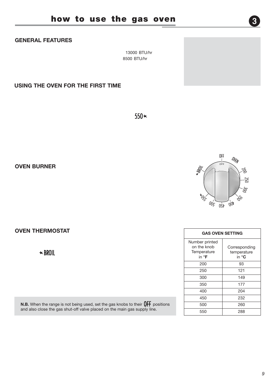 How to use the gas oven, Using the oven for the first time, Oven burner | General features, Oven thermostat | Avanti DG 2401 C User Manual | Page 9 / 40