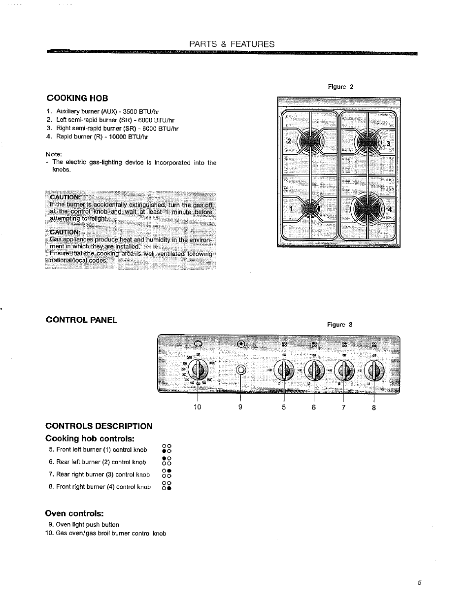 Cooking hob, Control panel, Controls description cooking hob controls | Oven controls, Parts & features | Avanti DG240 User Manual | Page 5 / 20