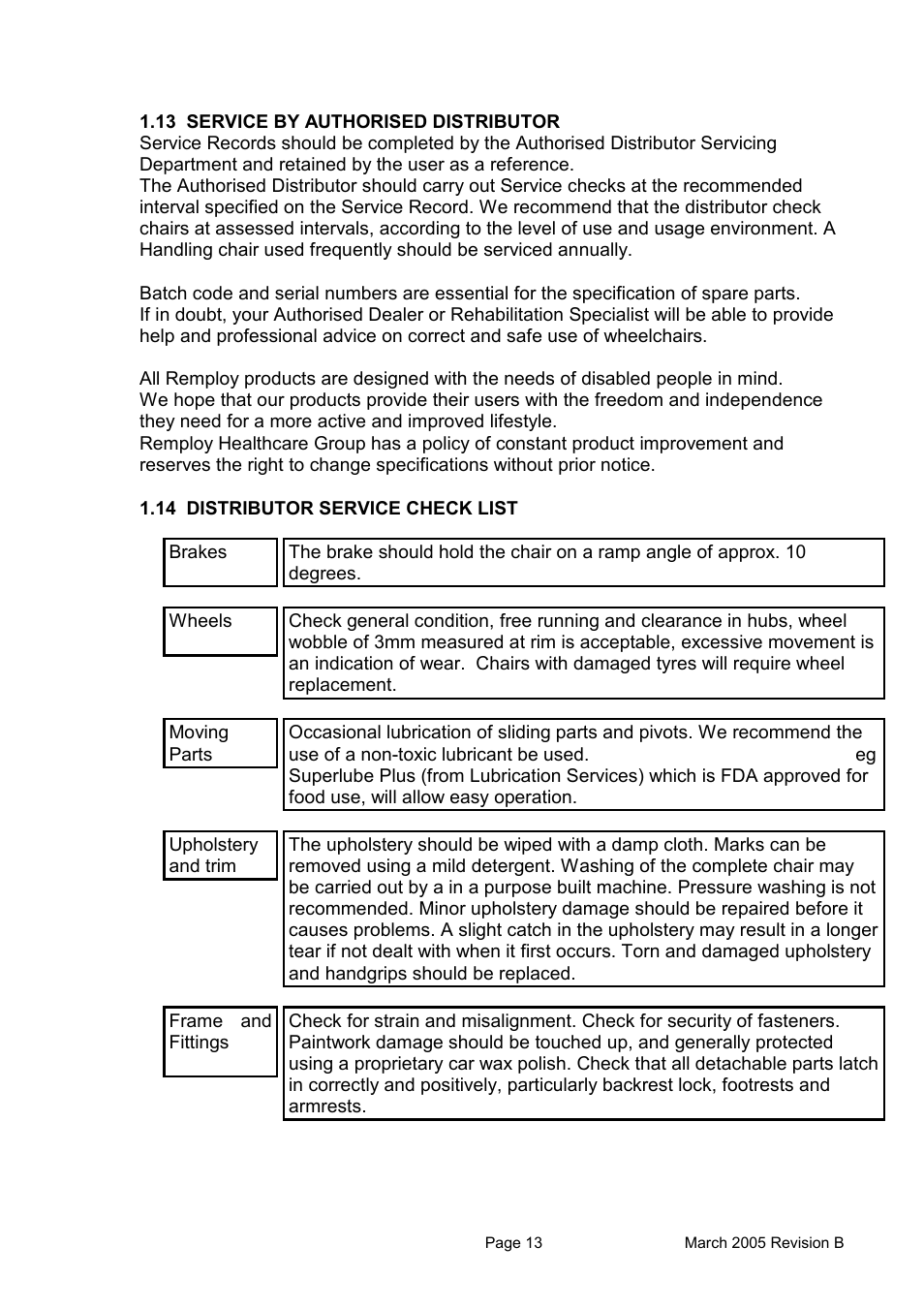 14 distributor service check list | Avanti CHAIR User Manual | Page 13 / 14
