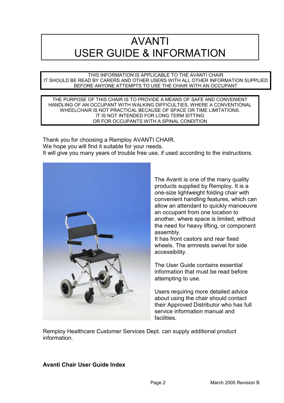 Avanti user guide & information | Avanti CHAIR User Manual | Page 2 / 14