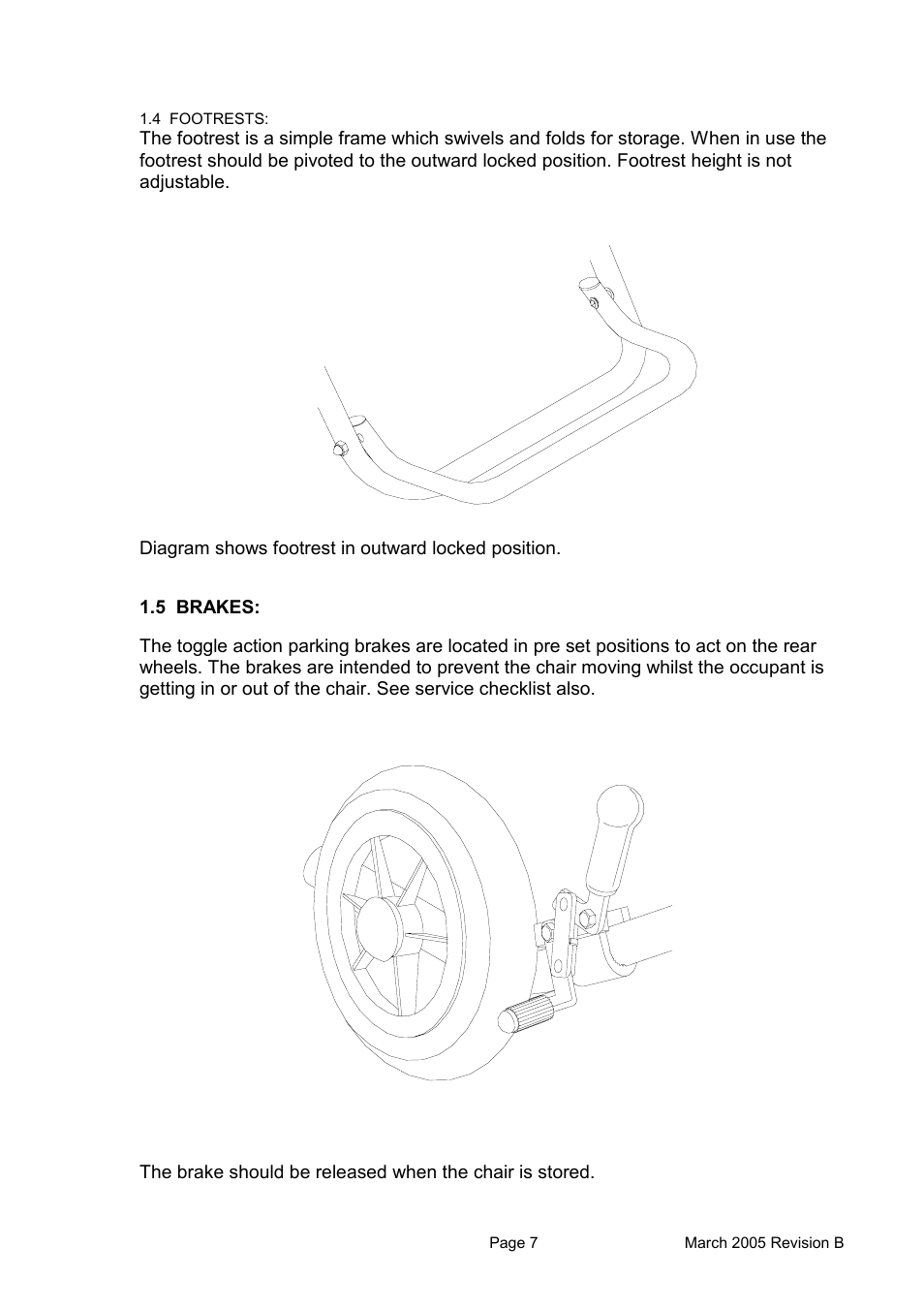 Diagram shows footrest in outward locked position, 5 brakes | Avanti CHAIR User Manual | Page 7 / 14