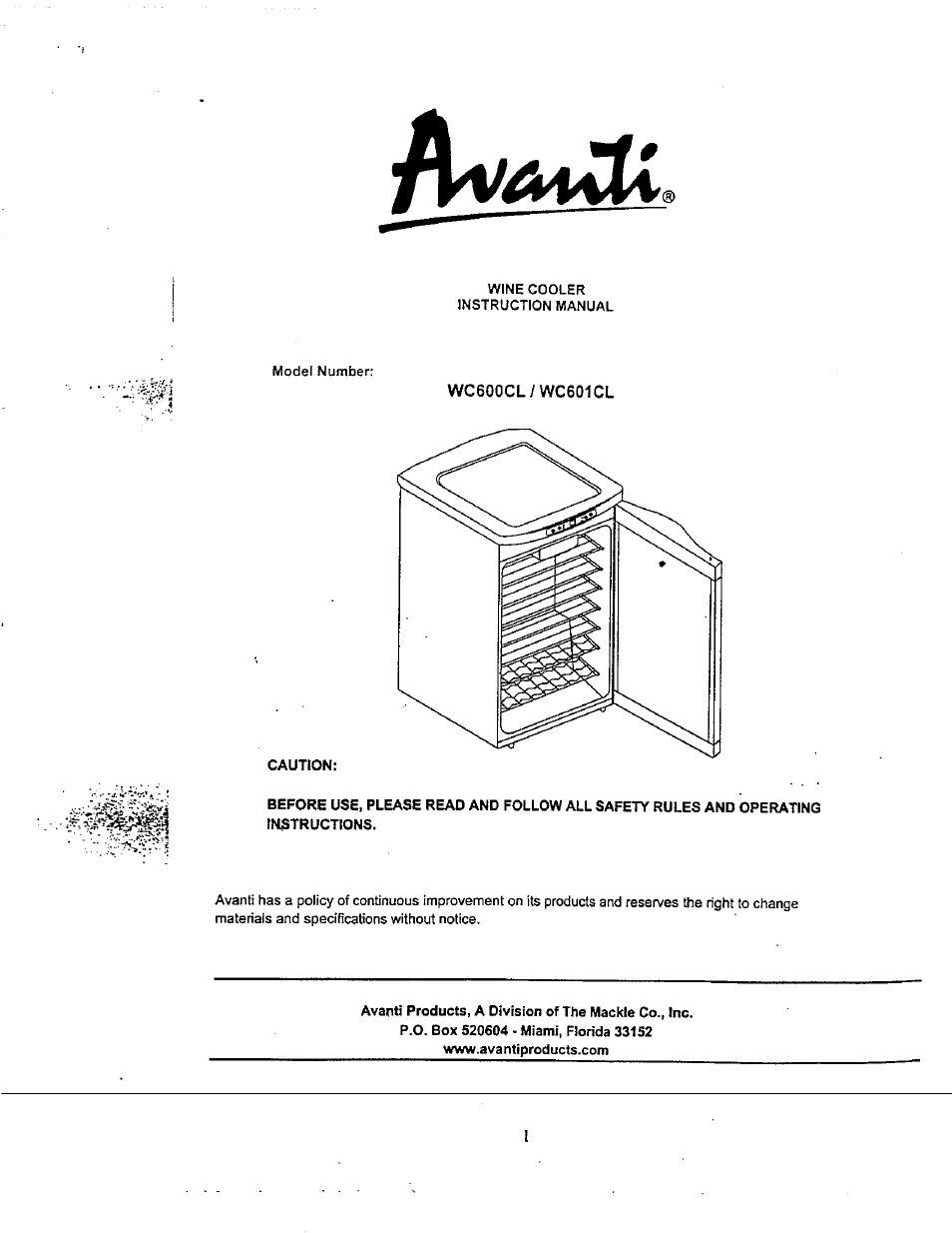 Avanti WC600CL User Manual | 15 pages