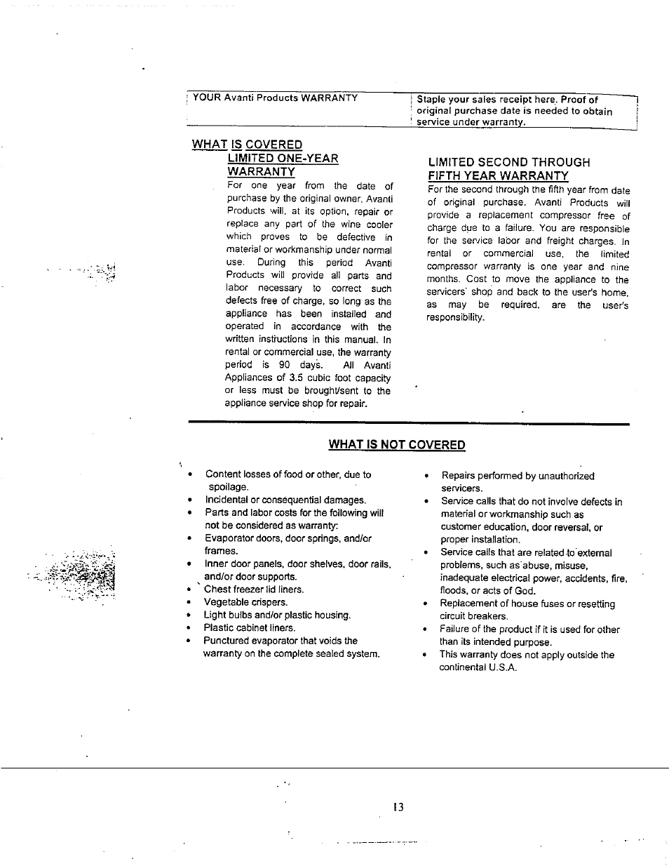 What is covered, Limited one-year warranty, Limited second through fifth year warranty | What is not covered | Avanti WC600CL User Manual | Page 13 / 15