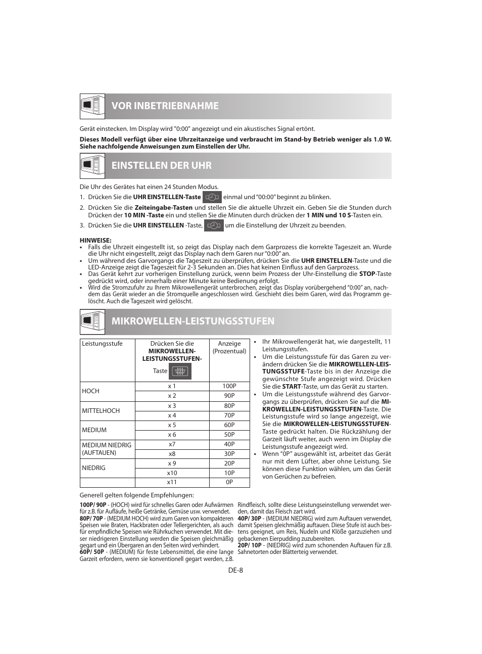 Vor inbetriebnahme mikrowellen-leistungsstufen, Einstellen der uhr | Sharp R-642BKW User Manual | Page 10 / 180