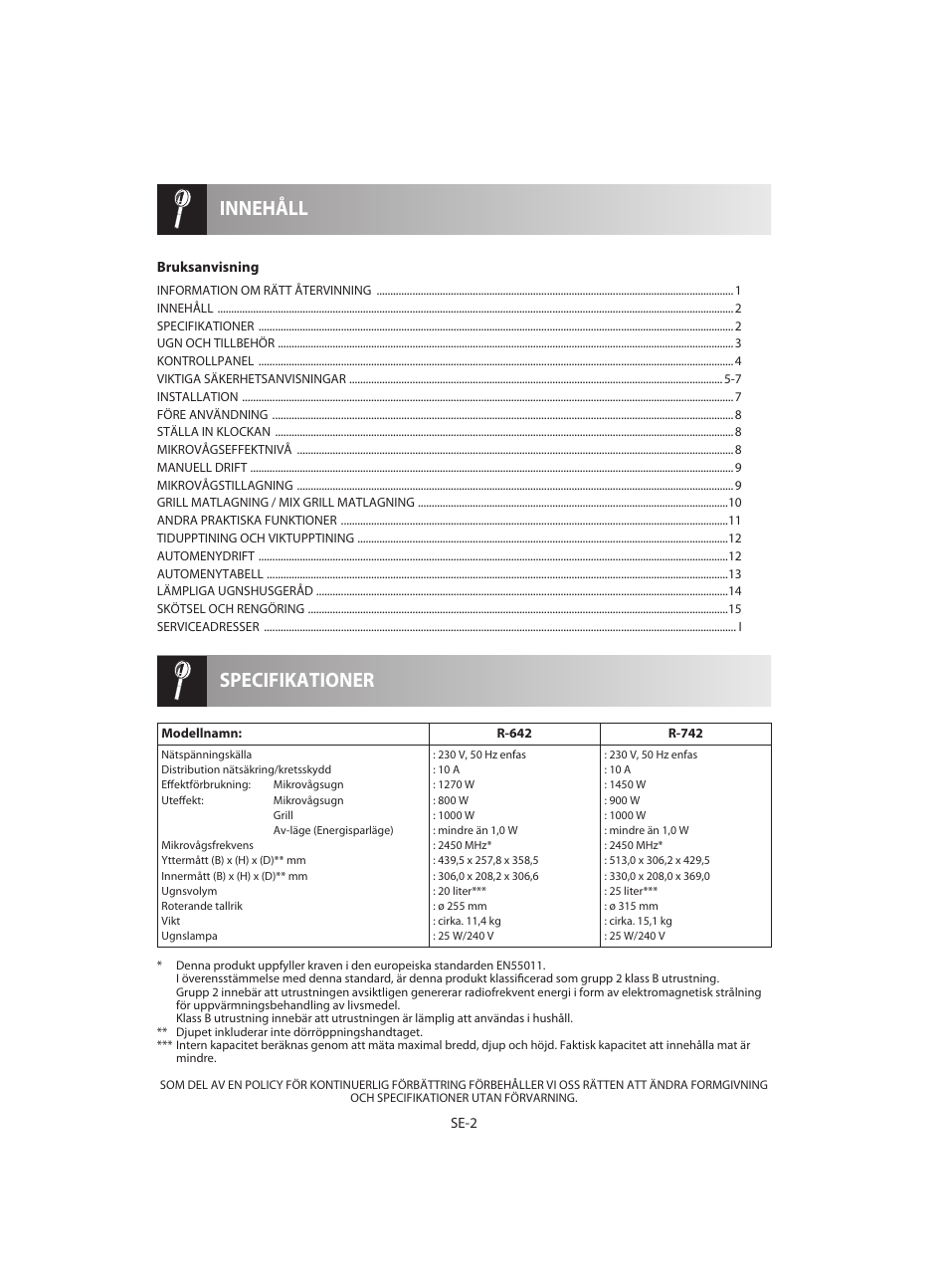 Specifikationer innehåll | Sharp R-642BKW User Manual | Page 100 / 180