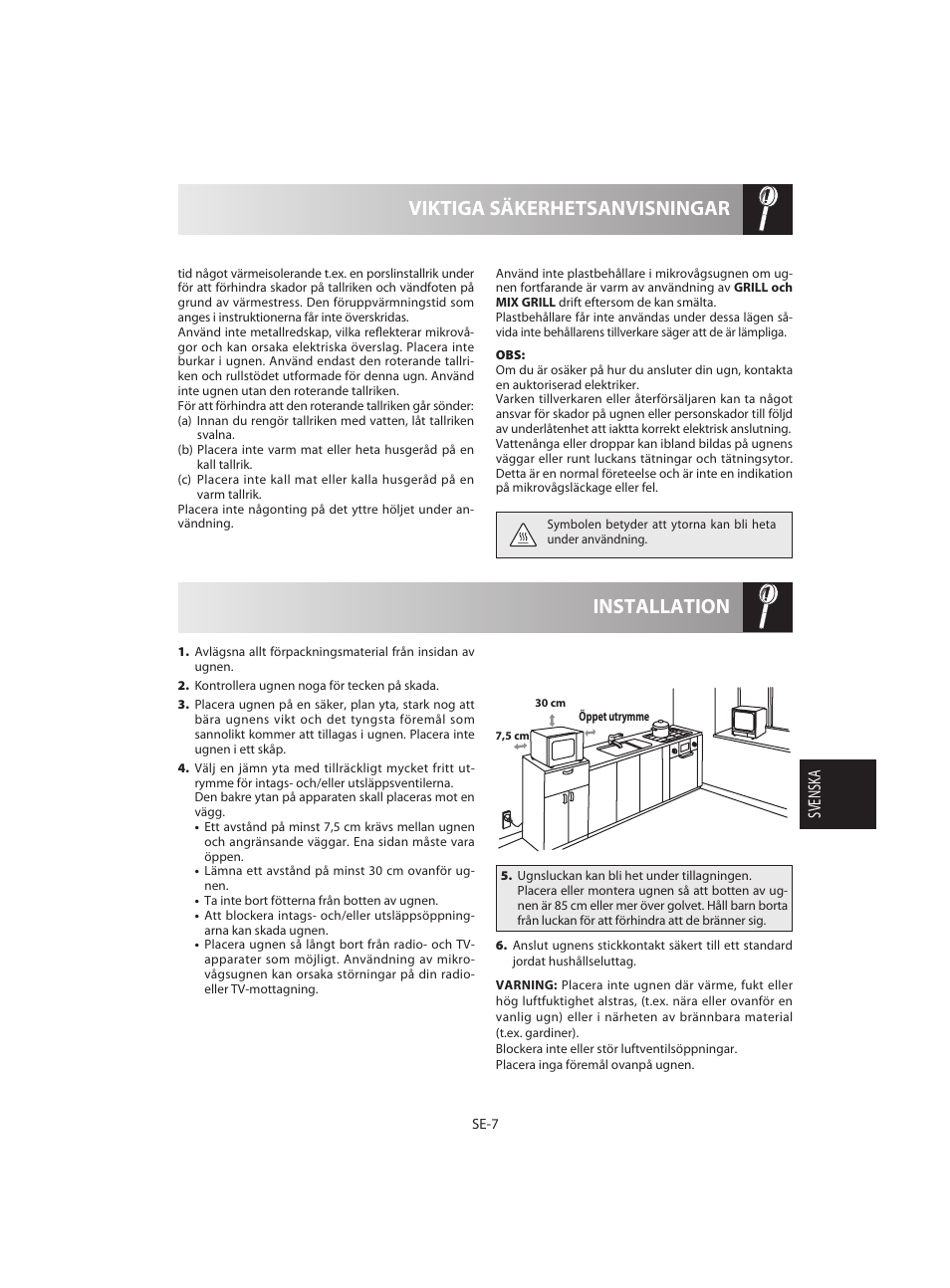 Installation viktiga säkerhetsanvisningar | Sharp R-642BKW User Manual | Page 105 / 180