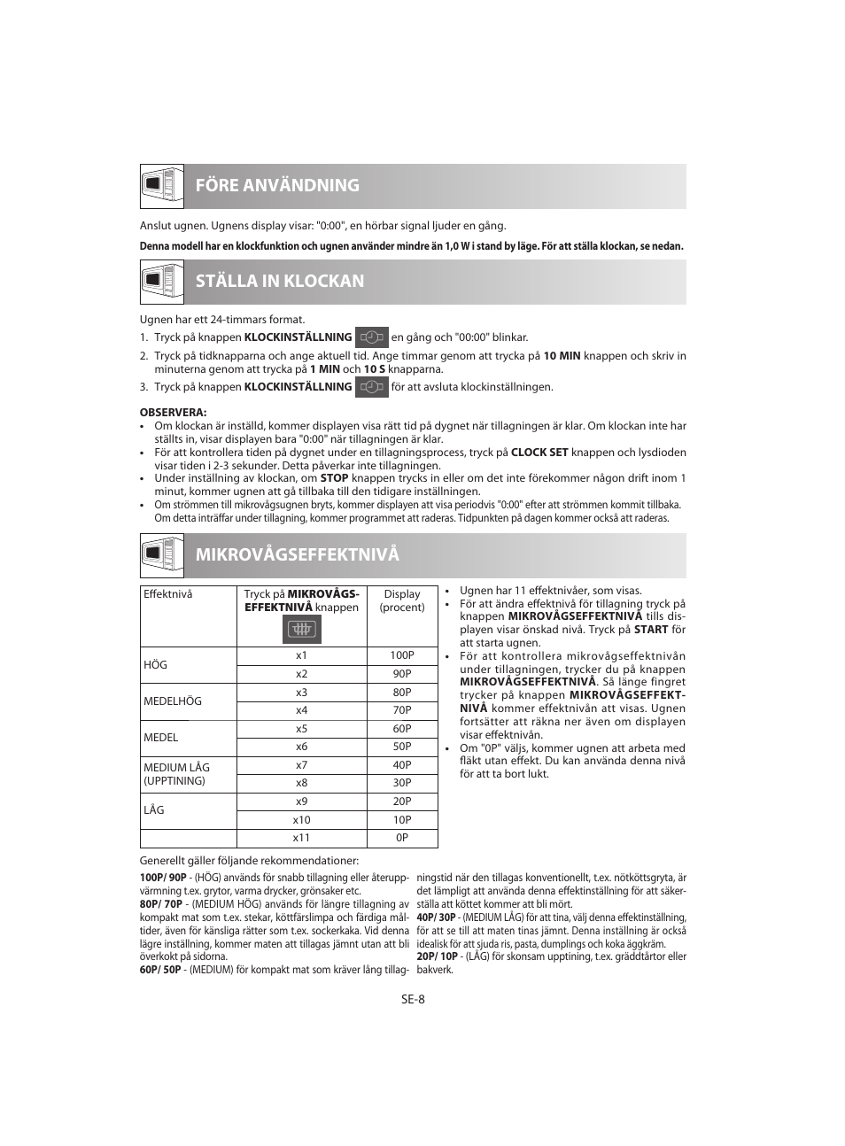 Före användning mikrovågseffektnivå, Ställa in klockan | Sharp R-642BKW User Manual | Page 106 / 180