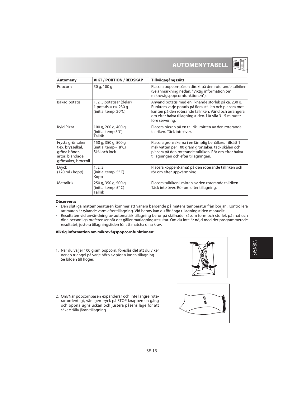 Automenytabell, Svensk a | Sharp R-642BKW User Manual | Page 111 / 180