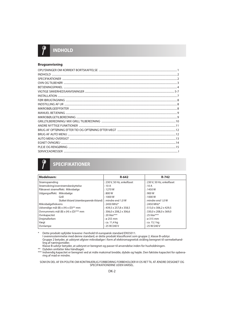 Specifikationer indhold | Sharp R-642BKW User Manual | Page 116 / 180