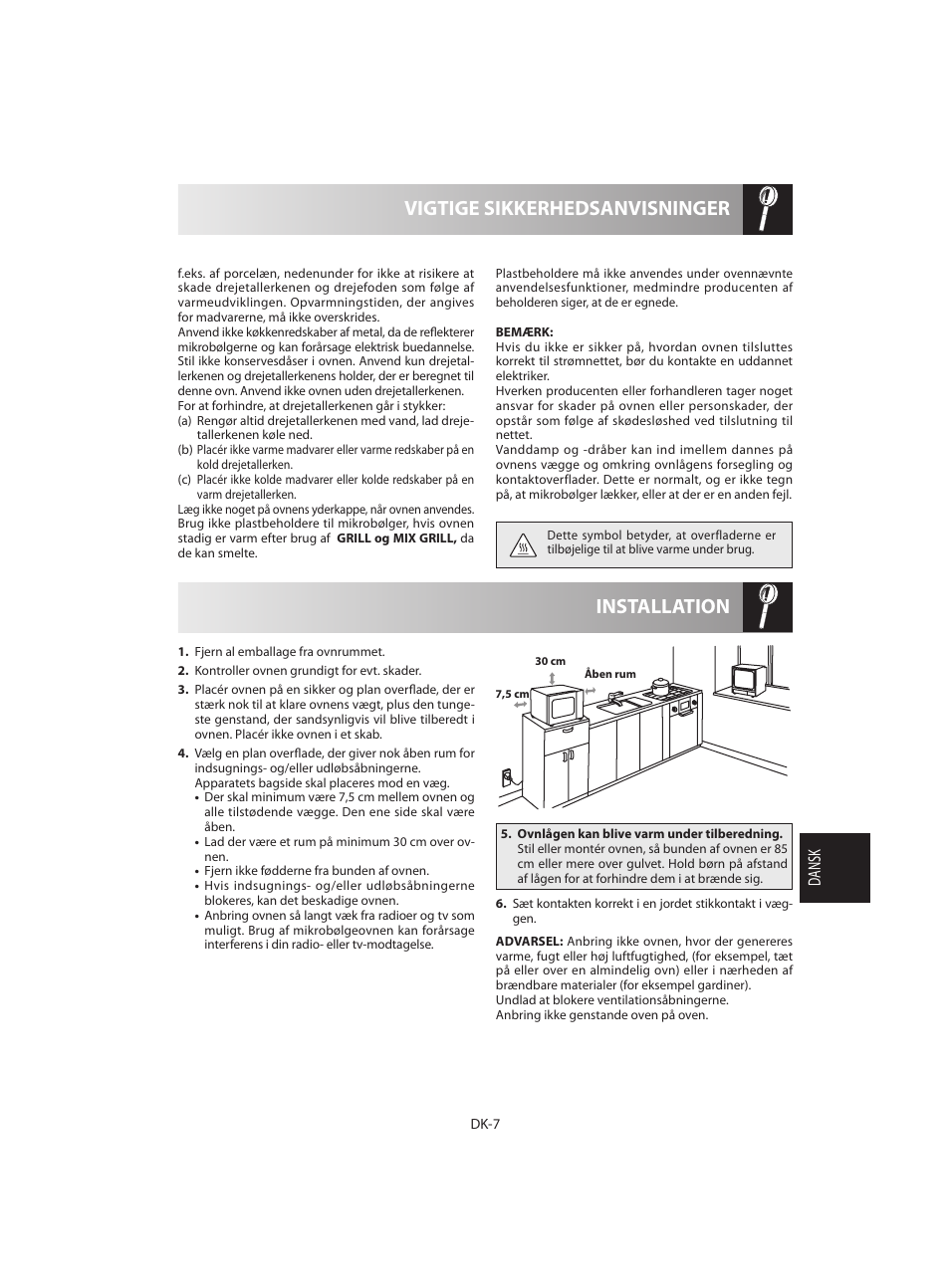 Installation vigtige sikkerhedsanvisninger, Dansk | Sharp R-642BKW User Manual | Page 121 / 180