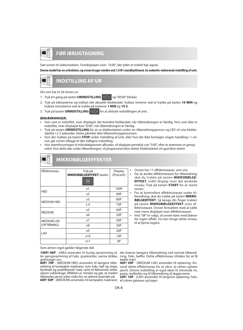 Før ibrugtagning mikrobølgeeffekter, Indstilling af ur | Sharp R-642BKW User Manual | Page 122 / 180