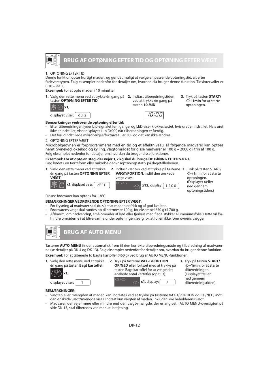 Brug af optøning efter tid og optøning efter vægt, Brug af auto menu | Sharp R-642BKW User Manual | Page 126 / 180