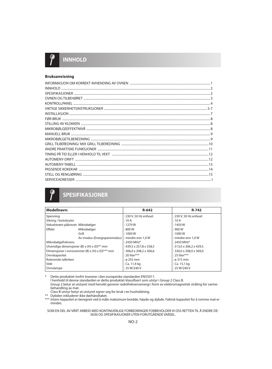 Spesifikasjoner innhold | Sharp R-642BKW User Manual | Page 132 / 180