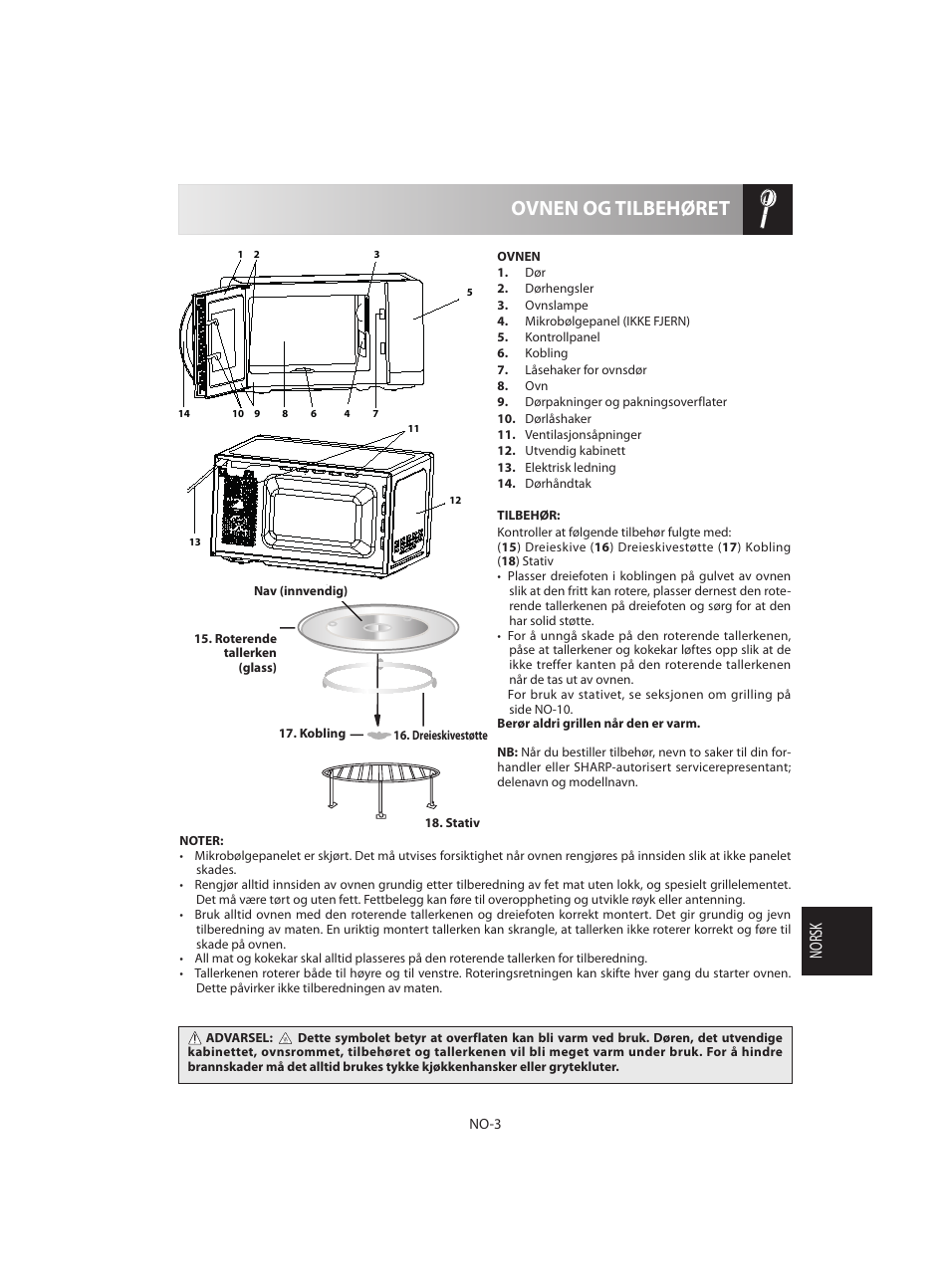 Ovnen og tilbehøret, Norsk | Sharp R-642BKW User Manual | Page 133 / 180