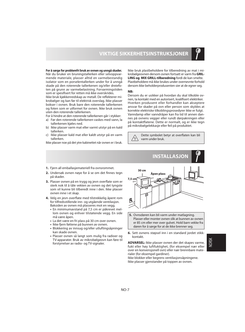 Installasjon viktige sikkerhetsinstruksjoner, Norsk | Sharp R-642BKW User Manual | Page 137 / 180