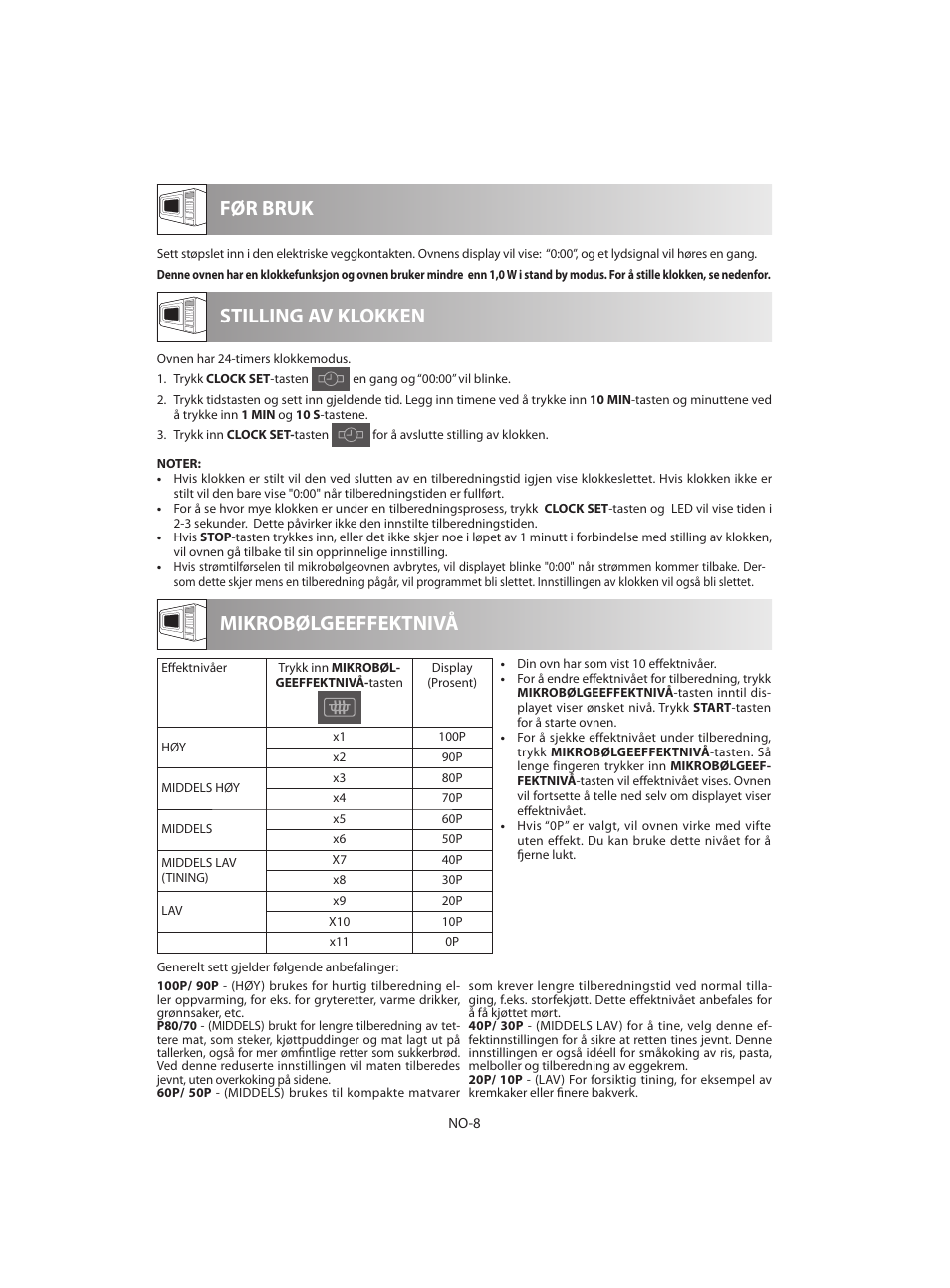 Før bruk mikrobølgeeffektnivå, Stilling av klokken | Sharp R-642BKW User Manual | Page 138 / 180