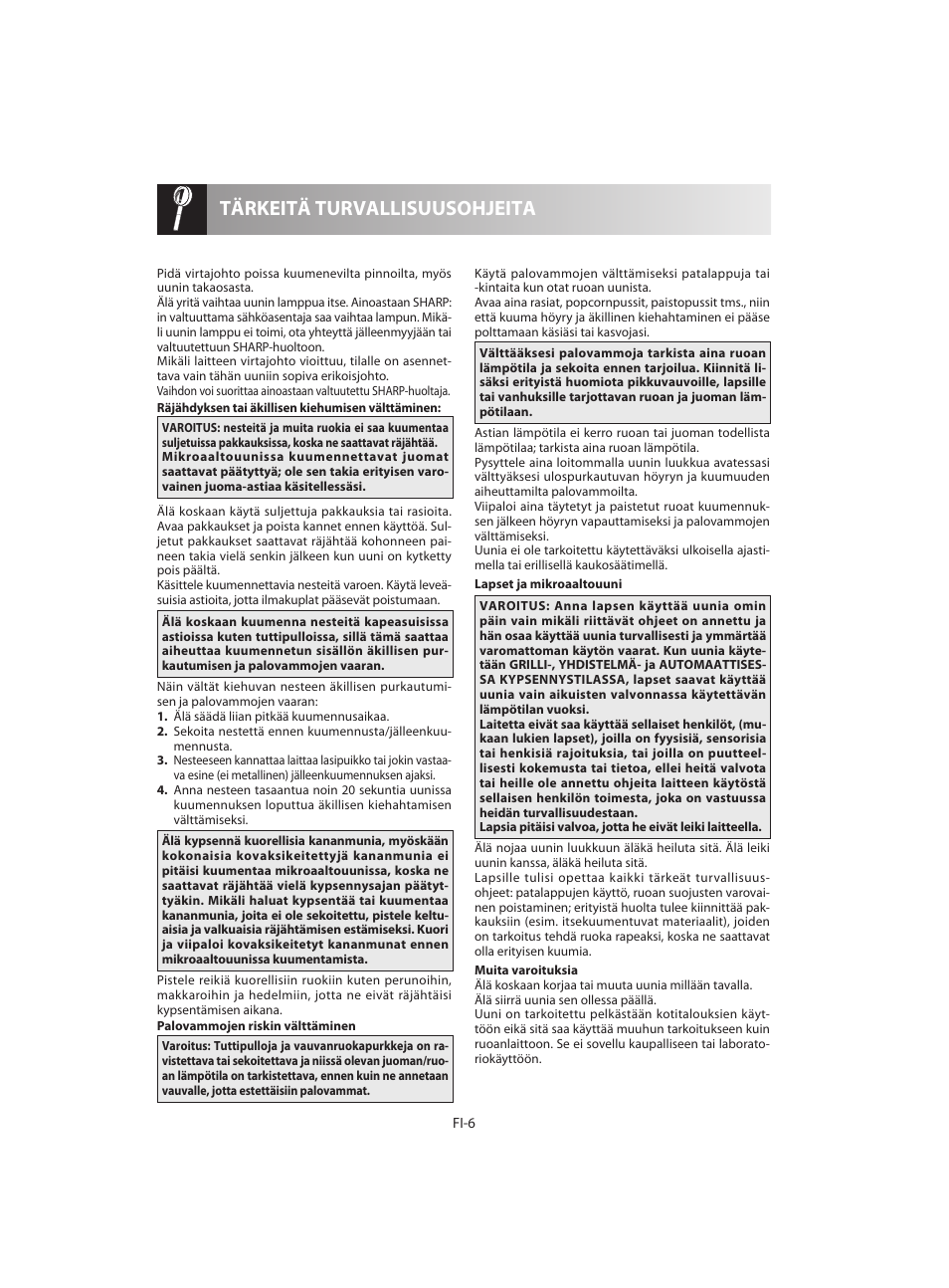 Tärkeitä turvallisuusohjeita | Sharp R-642BKW User Manual | Page 152 / 180