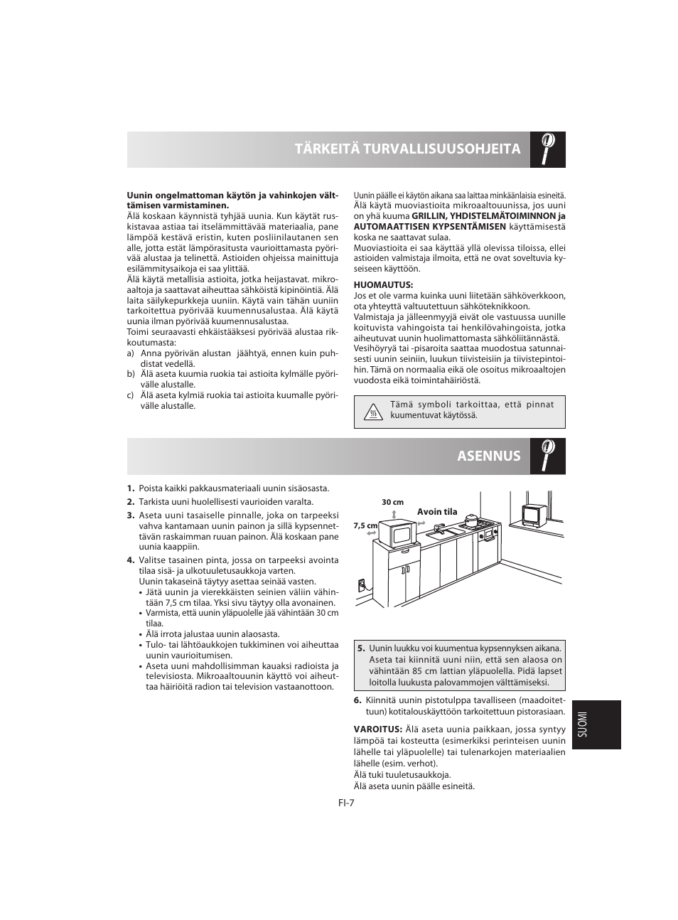 Asennus tärkeitä turvallisuusohjeita, Suomi | Sharp R-642BKW User Manual | Page 153 / 180