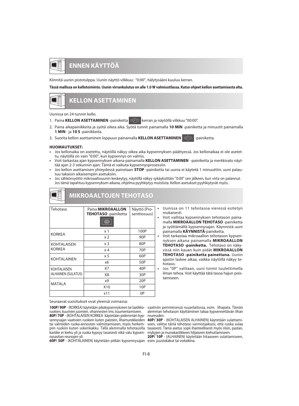 Ennen käyttöä mikroaaltojen tehotaso, Kellon asettaminen | Sharp R-642BKW User Manual | Page 154 / 180