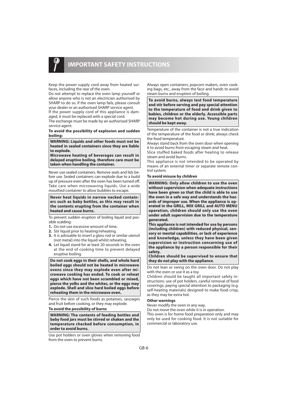 Important safety instructions | Sharp R-642BKW User Manual | Page 168 / 180