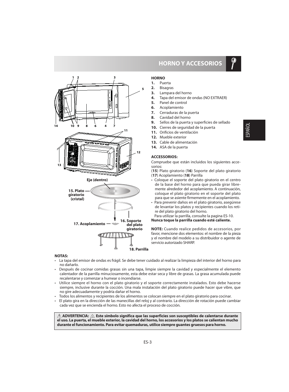 Horno y accesorios, Esp añol | Sharp R-642BKW User Manual | Page 21 / 180