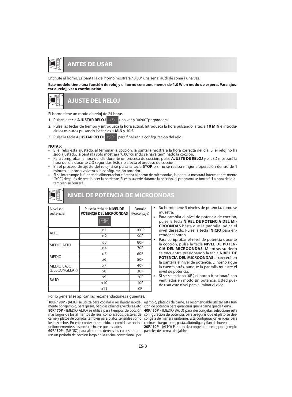 Antes de usar nivel de potencia de microondas, Ajuste del reloj | Sharp R-642BKW User Manual | Page 26 / 180